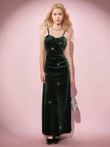 青少年天鹅绒长裙正式晚礼服闪亮露背连衣裙女童内衣高腰裙 - 綠色 - 查看 4