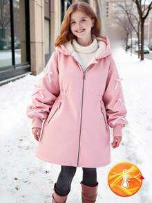 SHEIN Girls' Casual Hooded Thick Fleece Jacket, With Pink Bow Ribbon On Sleeve, Pink Zipper On Collar And Cuffs, Elastic Waist, Suitable For Autumn/Winter Outings, Travel, Walking, Shopping, Can Be Paired With Long Sleeve Sweater And Pants Fall - Pink - View 3