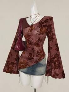 SHEIN ICON Áo thun nữ tay loe họa tiết hoa chéo jacquard dệt kim màu xanh lá cây cổ điển thời trang - Màu Đỏ Sâu - Xem 5