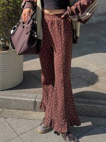 FRIFUL Pantalon évasé à fleurs marron pour femmes avec décoration de volants, casual et polyvalent, tenues d'automne pour les vacances des femmes - Multicolore - Voir 3
