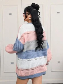 SHEIN EZwear 大码休闲拼色条纹镂空针织开衫，秋冬 - 彩色 - 查看 4