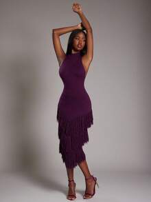 NYA SZN 连衣裙 无袖 高领 流苏细节 修身 紧身 罗纹针织 针织衫 弹力 特殊场合 度假 婚礼 外出 机场 可爱 老钱 秋冬 适合通勤 女士服装 - 紫色 - 查看 4