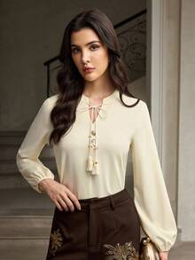 ZEYLAH 女士优雅长袖打结衬衫，修身时尚 - 杏色 - 查看 6