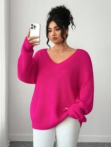 SHEIN Tall CURVE 大码休闲 V 领插肩长袖套头衫 - 玫紅色 - 查看 5