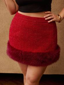 MOTF PREMIUM CHRISTMAS PLUS TWEEN CONTRAST FURRY HEM SKIRT - Red - View 6