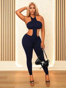 Mistrie Women's Casual Solid Color Backless Tie-Up Jumpsuit - Royal Blue - View 5