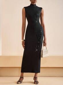 Zivah 2025 年秋季新款音乐节、复活节、圣帕特里克节、西部风、游牧风、生日派对、毕业季、学院风、学生装、日常休闲、基本百搭、休闲、度假、邮轮旅行、海滩、日光浴、病毒式传播、街头服饰、婚礼宾客波西米亚风、通勤、早午餐、机场、派对和节日服装优雅无袖超长紧身连衣裙，黑色闪亮亮片刺绣面料 - 黑色 - 查看 4