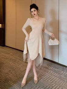 DAZY Women's Autumn Patchwork Asymmetrical Hem Waist Cinched Sweater Dress