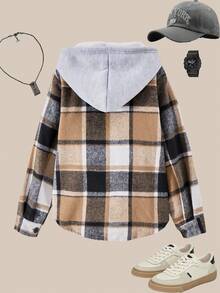 SHEIN Explorewe 男童时尚休闲格子口袋连帽夹克，适合外出、上学、居家、郊游，适合搭配牛仔裤、运动裤、T 恤 - 棕色 - 查看 6