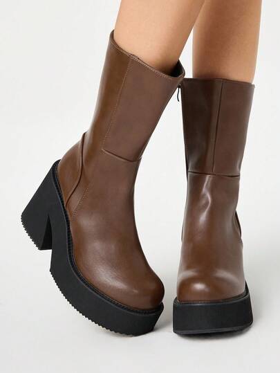 Grunge Punk Women's Retro Avant-Garde Platform Mid-Calf Boots, Punk Gothic Round Toe Solid Color Riding Boots, Comfortable For Party And Commute