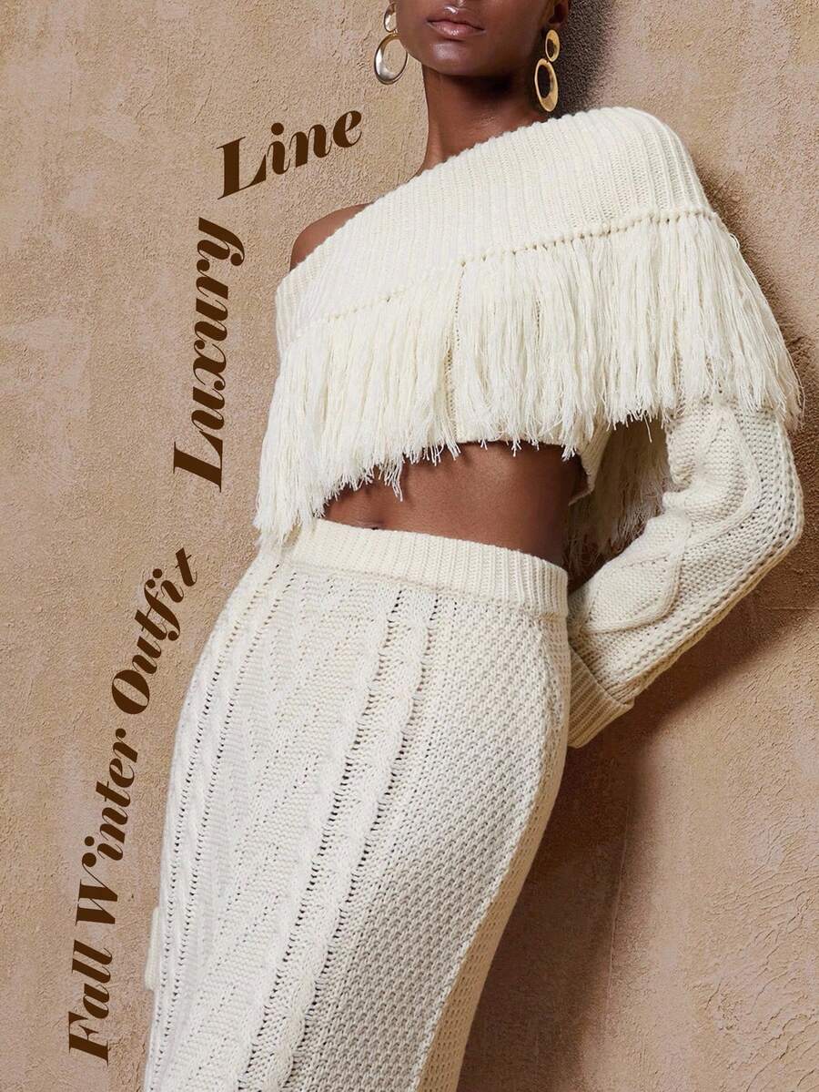 SHEIN Privé VITNOS 秋冬女士不对称肩部长袖流苏边饰毛衣和针织中长裙套装，优雅两件套波西米亚风，适合特殊场合、婚礼宾客、可爱穿搭、国庆假期派对、教师装、商务休闲、优雅派对、新年装、秋冬女士服装、奢华针织套装。