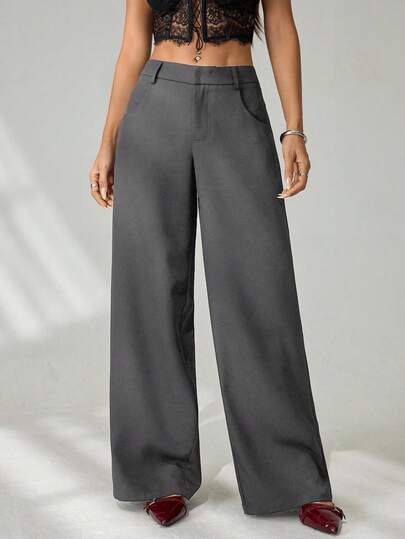 SHEIN PETITE Women's Low Waist Casual Pocket Solid Color Pants