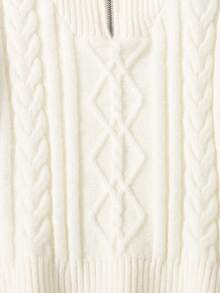 少女高领半拉链粗针织休闲毛衣，适合居家、外出、派对、返校、秋冬季、圣诞节和万圣节等场合。 - 白色 - 查看 5