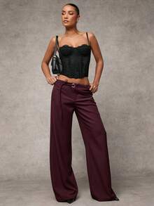 SHEIN BAE Women's Gray Solid Color Casual, Commuting, Leisure, Daily Casual Waist Eyelet Decor Drawstring Loose Wide Leg Pants - Maroon - View 4