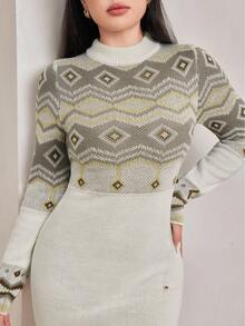 Veilorie 女士几何提花加长针织连衣裙，秋冬 - 白色 - 查看 1