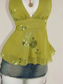 SHEIN ICON 女士花卉亮片性感深V领吊带背心 - 綠色 - 查看 6