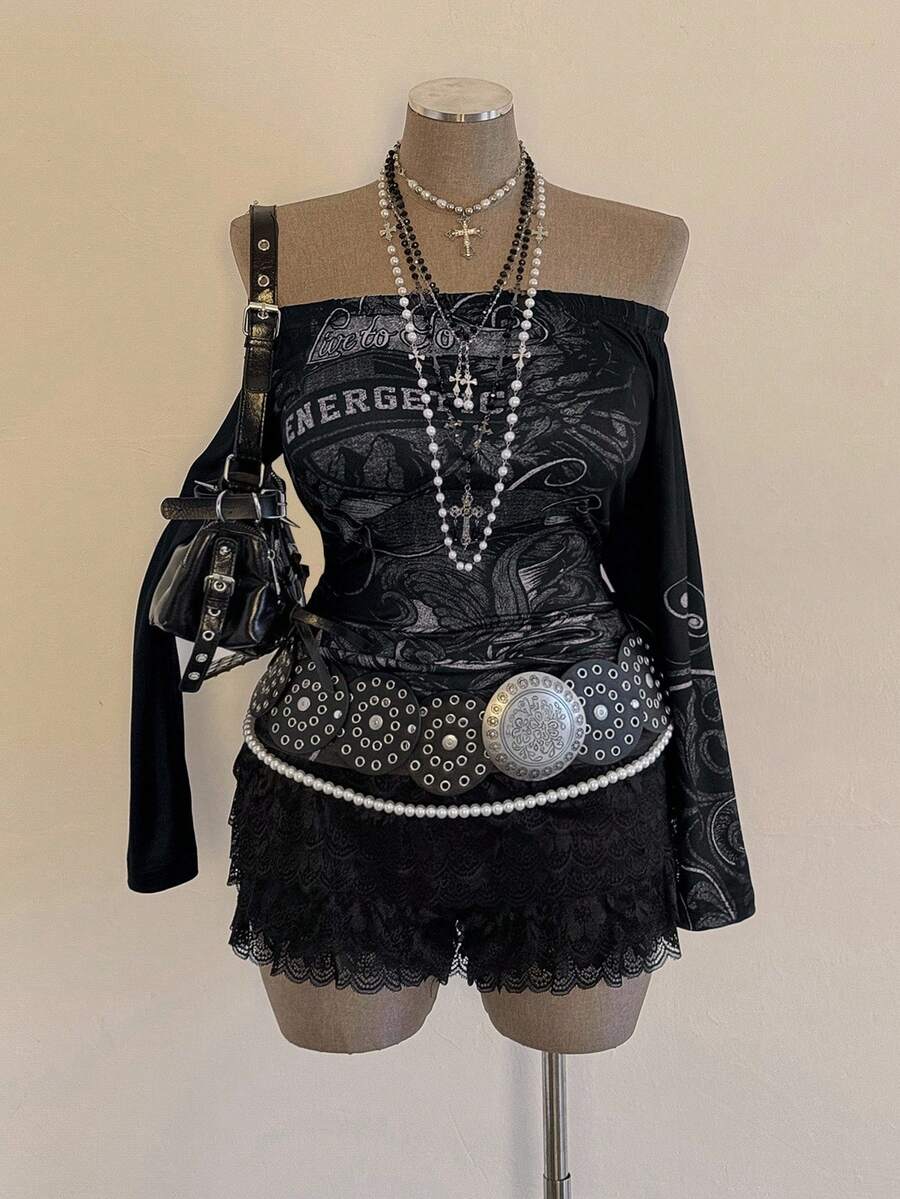 Sweetra Sunspun-D Camiseta de manga larga con estampado de letras de moda, de corte ajustado, con diseño de hombros descubiertos, vintage, audaz y vanguardista, adecuada para uso diario, estilo universitario, Halloween, para mujeres de talla grande - Negro - Ver 1