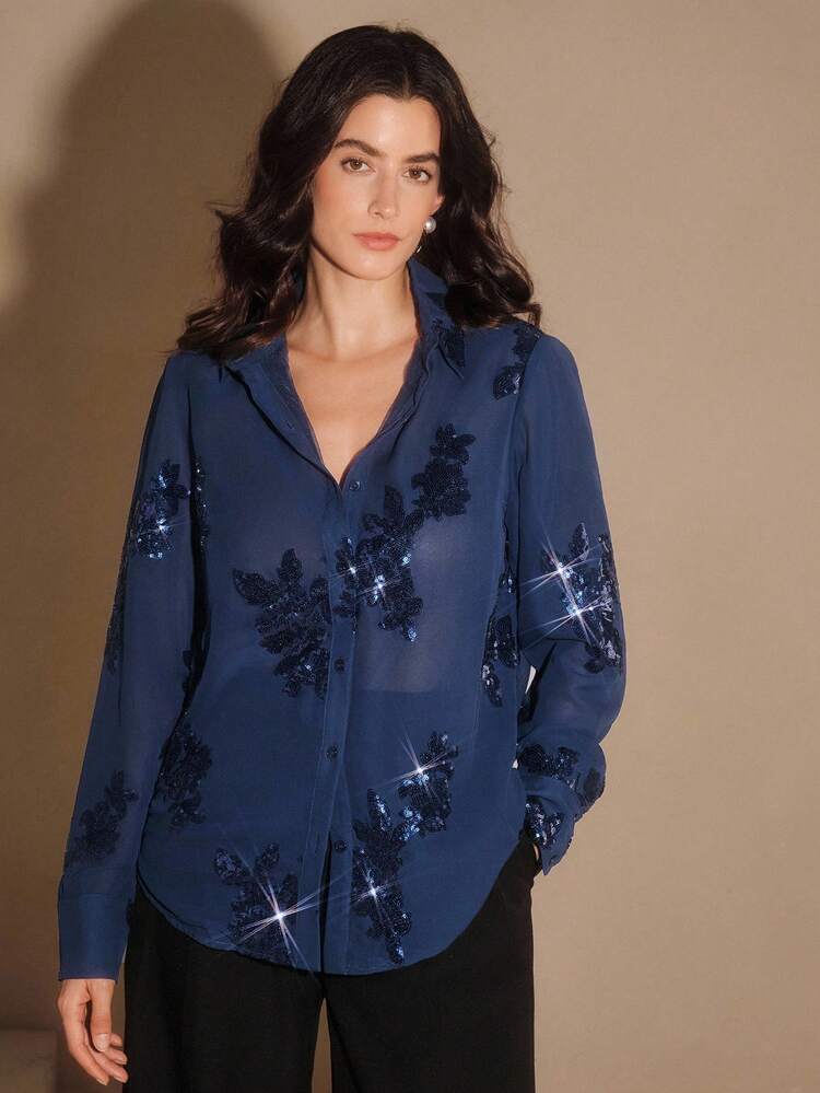 French Elegant Rose Beaded Embroidery Semi-Sheer Blouse Women Shirt