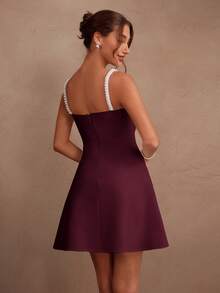 SHEIN Unity Váy ôm sát thân dây mảnh đính ngọc trai trắng thanh lịch, váy dạ hội tối giản sang trọng cho mùa hè, bãi biển, lễ hội, ngày lễ, những dịp gợi cảm - Màu Đỏ Sâu - Xem 2