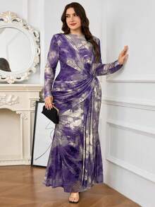 Modelyn Plus Size Women Tie-Dye Print Round Neck Long Sleeve Ruched Fitted Elegant Dress