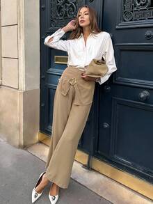 Chiquease Women's Solid Color Metal Decor Wide Leg Loose Casual Pants, Autumn - Khaki - View 3