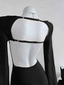 Elamini 性感露背纯色长袖毛衣裙 - 黑色 - 查看 5