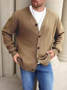Manfinity Homme Plus Size Men's Solid Color V-Neck Button-Front Long Sleeve Cardigan, Fall/Winter
