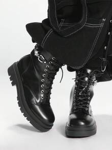Sugerpunk Women's Gothic Style Round Toe Chunky Heel Boots With Metal Buckle Design, PU Leather, Punk, Suitable For Party, Daily Wear, And Casual