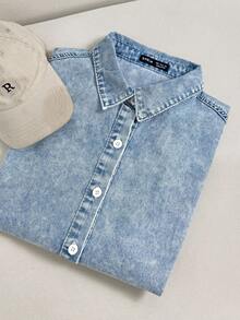 Comfortcana 落肩袖前紐扣牛仔襯衫不附吊帶上衣 - 中等水洗藍 - 查看 1