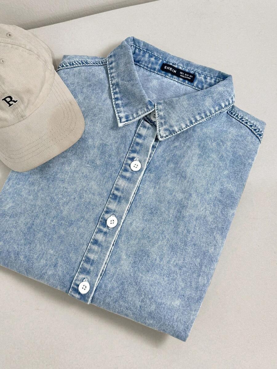 Comfortcana 落肩袖前紐扣牛仔襯衫不附吊帶上衣 - 中等水洗藍 - 查看 1