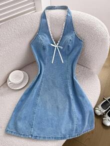 Comfortcana Women's Casual Halter Denim Mini Bodycon Dress, Blue,Summer Outfits For Women,Rave Outfit,Open Back Dress,Gyaru Outfits,Tie Front Dresses,Outfits,Y2k Clothes Women,Country Concert Outfit,Cruise Attire Women,Festival Outfits For Women,Concert Outfit Women,Rave Outfits Festival,Cowgirl Outfits For Women