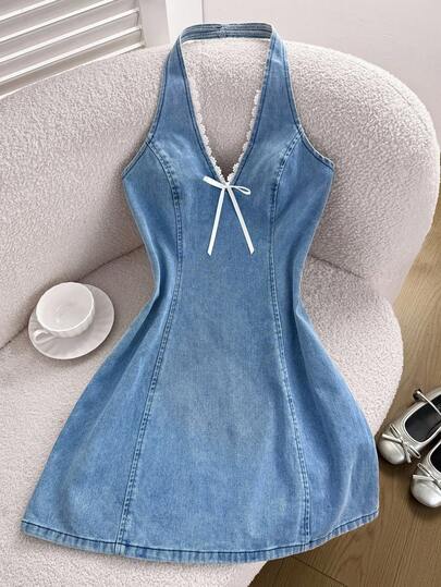 Comfortcana Váy ôm sát cơ thể mini denim hở lưng thường ngày dành cho nữ, màu xanh lam, trang phục mùa hè dành cho nữ, trang phục Rave, váy hở lưng, trang phục Gyaru, váy buộc phía trước, trang phục, quần áo Y2k dành cho nữ, trang phục hòa nhạc đồng quê, trang phục du ngoạn dành cho nữ, trang phục lễ hội dành cho nữ, trang phục hòa nhạc dành cho nữ, trang phục Rave lễ hội, trang phục cao bồi dành cho nữ