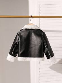 SHEIN Baby Girl Winter Casual Colorblock Plush Hooded Jacket - Black - View 2