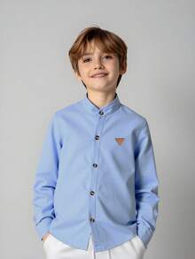 SHEIN Mirajuku 青少年男孩休闲日常通勤简约纯色立领单排扣衬衫，春秋季 - 藍色 - 查看 9