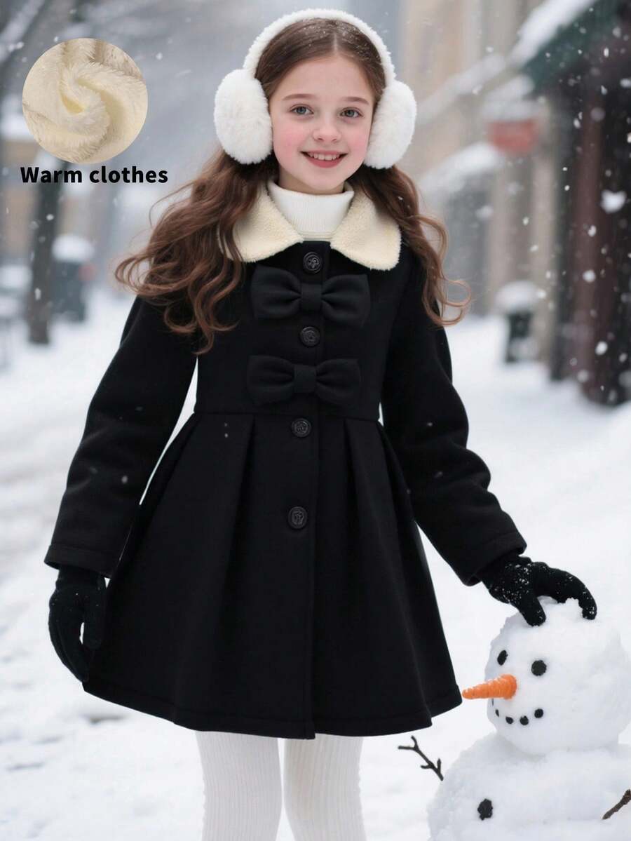 SHEIN Older Tween Girl' Bow Collar Waist Cinched Fashionable Jacket, Academic Style, Autumn/Winter Fall