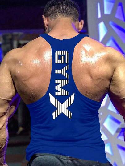 Manfinity Sport Corelite 男士无袖圆领字母印花休闲运动 T 恤 - 背心，夏季