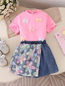 SHEIN 青少年女孩 2件組圓領彩色馬卡龍網紗花卉短袖T恤與網紗花卉牛仔迷你裙套裝，春/夏 - 粉色 - 查看 4