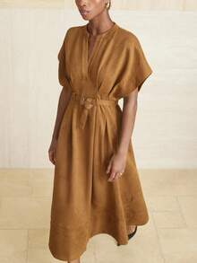 Aveloria Modichic Faux Suede Fabric, Commuter Design, Waist Belt Decor, Fashionable V-Neck Pleated Batwing Sleeve Dress
