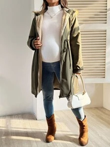 SHEIN 孕妇纯色连帽仿毛领中长款加厚保暖三合一夹克