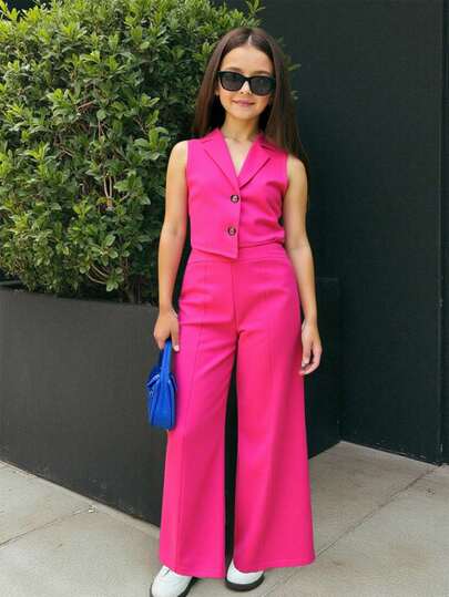 SHEIN 2pcs/Set Tween Girls' Solid Color Lapel Neck Single-Breasted Vest And Pants Set