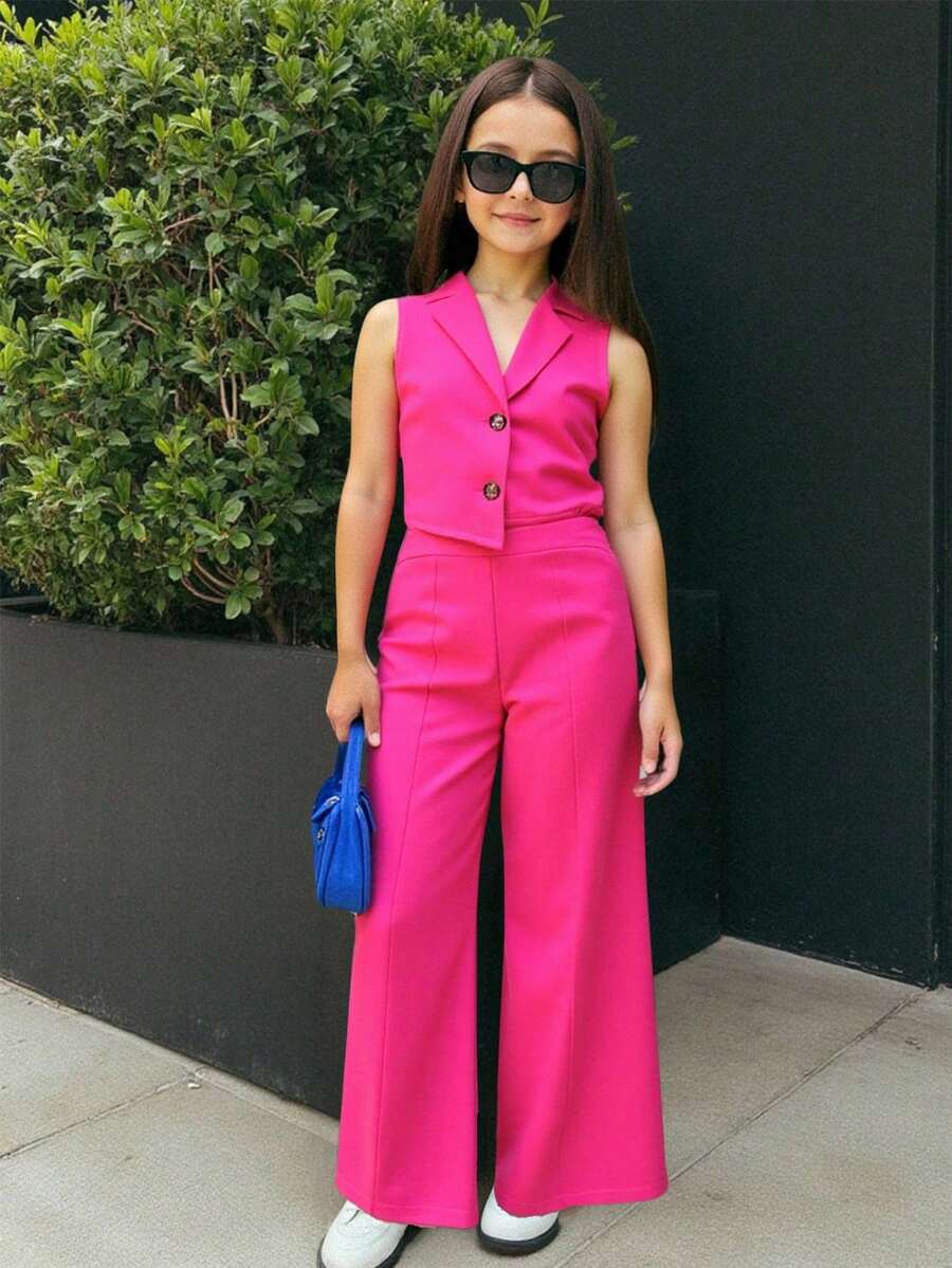 SHEIN Bộ 2 món/Bộ áo vest cổ ve trơn màu đơn sắc và quần dài cho bé gái tuổi mới lớn