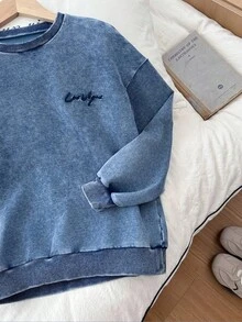 SHEIN 青少年男童时尚休闲 Y2K 复古酷炫 - 可机洗设计字母刺绣图案蓝色针织牛仔长袖小圆领卫衣，适合儿童日常穿着，柔软舒适，也适合儿童秋冬季节、派对、居家穿着，以及街头风校服。 - 藍色 - 查看 7