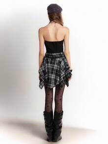 Bloopia 朋克摇滚时尚性感街头摩托车时尚女装秋冬万圣节字母印花拼布格子不对称 A 字中长连衣裙 - 黑色 - 查看 2