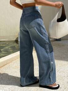 Livesso 女式休闲做旧水钻口袋宽松牛仔裤 - 深色水洗藍 - 查看 2