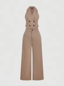 SHEIN MOD Bộ 2 món áo khoác vest và quần dài thanh lịch mặc hàng ngày cỡ lớn - Màu Khaki - Xem 1