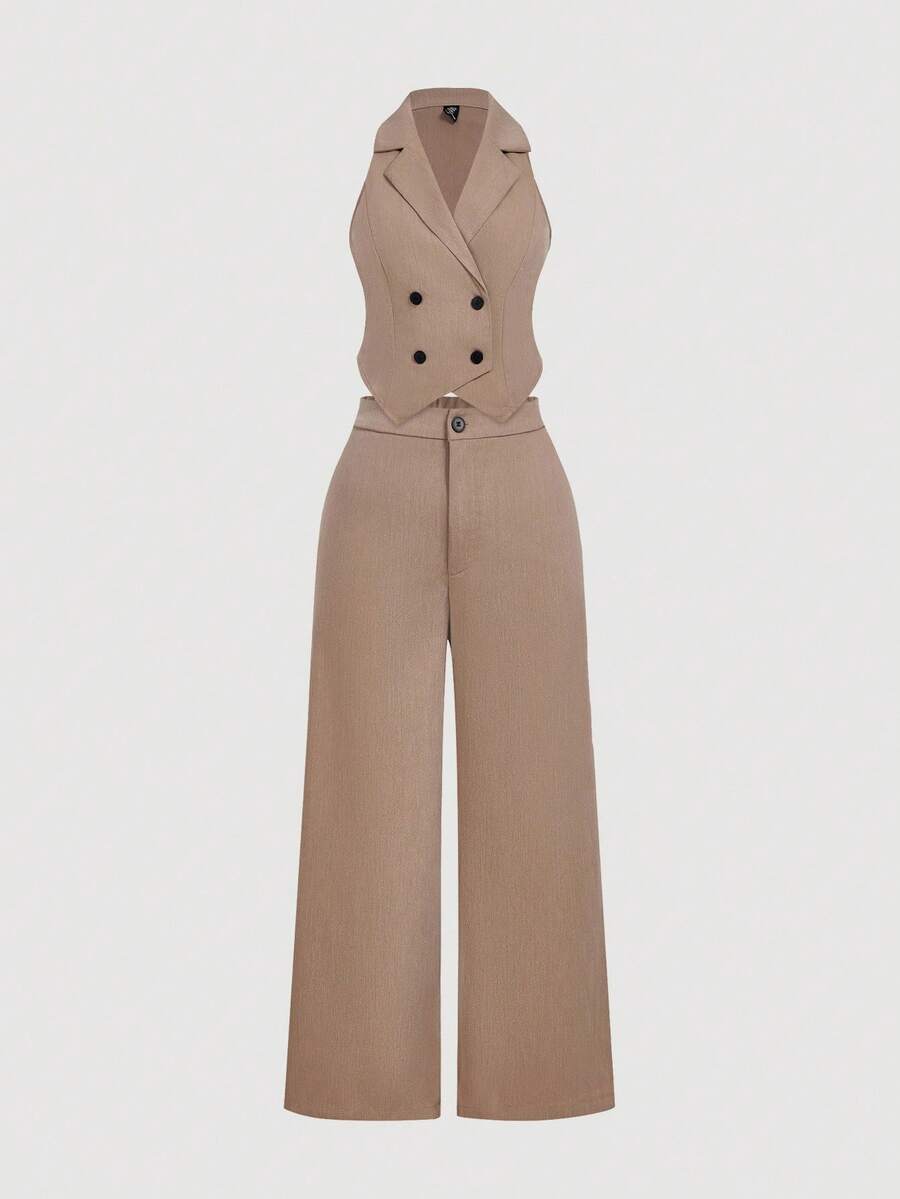 SHEIN MOD Bộ 2 món áo khoác vest và quần dài thanh lịch mặc hàng ngày cỡ lớn - Màu Khaki - Xem 1