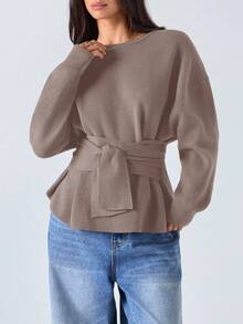 LYSMO 女士休闲纯色系带长袖毛衣中性女装棕色毛衣秋冬女装 - 咖啡棕 - 查看 5