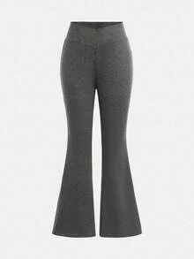 SHEIN Girlism 少女简约纯色深灰色裹身高腰喇叭裤，适合日常休闲穿着、返校季、秋冬季日常穿着，也可作为母女装，时尚秋季母女喇叭裤 - 深灰色 - 查看 4