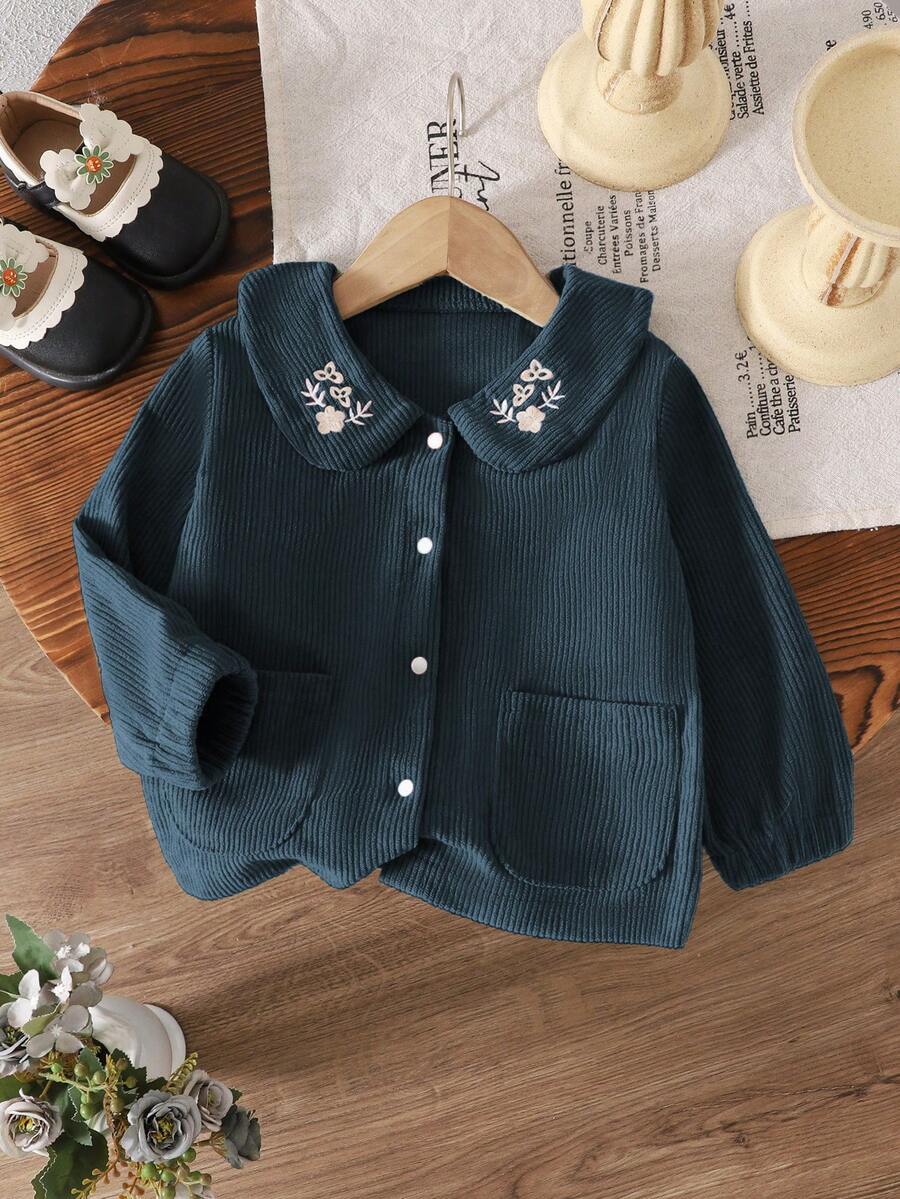 SHEIN Vintaside Kids Veste en velours côtelé pour filles, couleur unie, vêtement populaire pour bébé fille, printemps/automne/hiver - bleu indigo - Voir 1