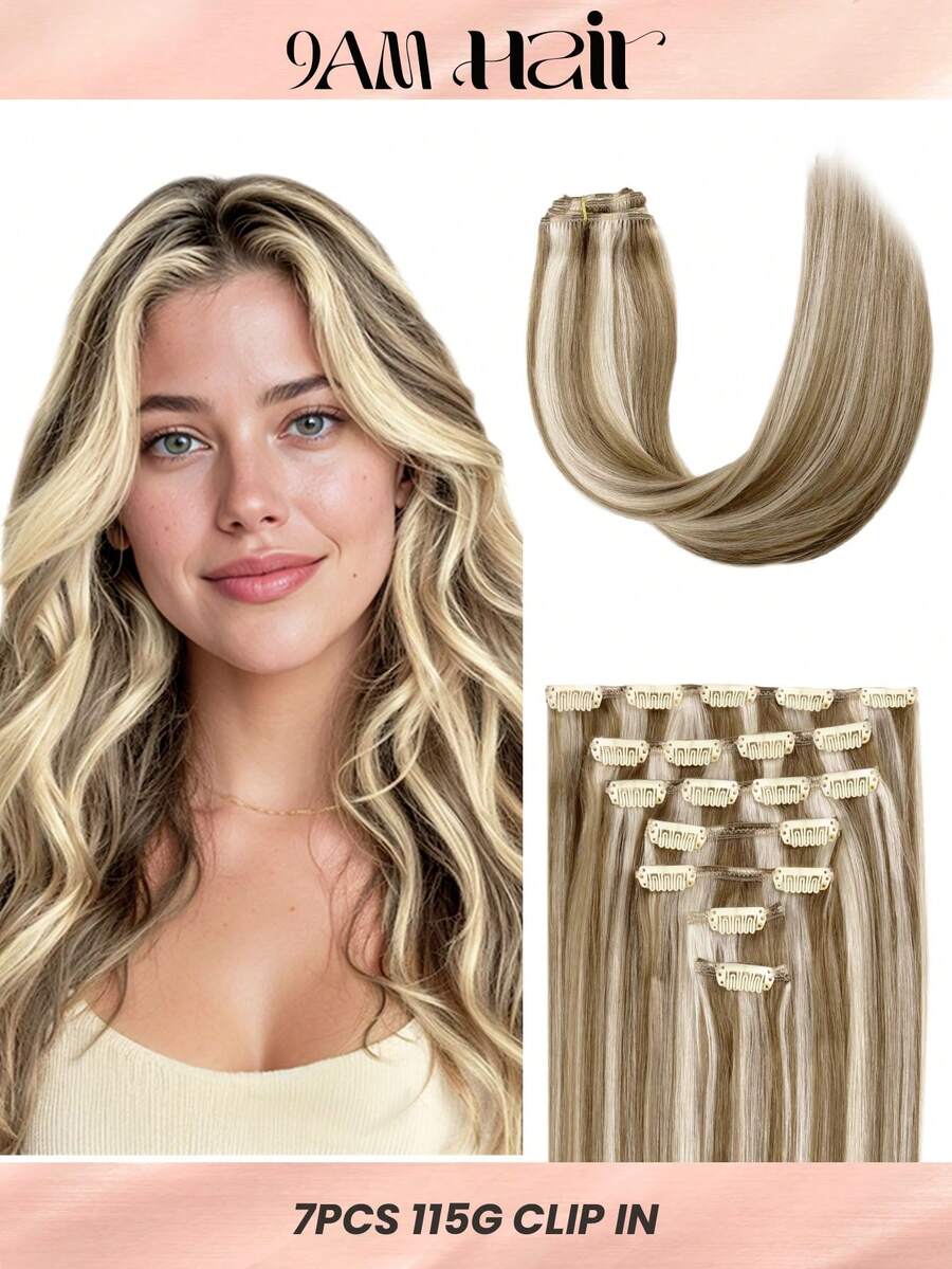 7PCS Straight Clip In Hair Extensions 100% Real Human Hair 14-24 Inch 115G Double Weft Invisible Clip Hair Extensions Remy Natural Human Hair For Women Girls Daily Use - S8/60 - View 1